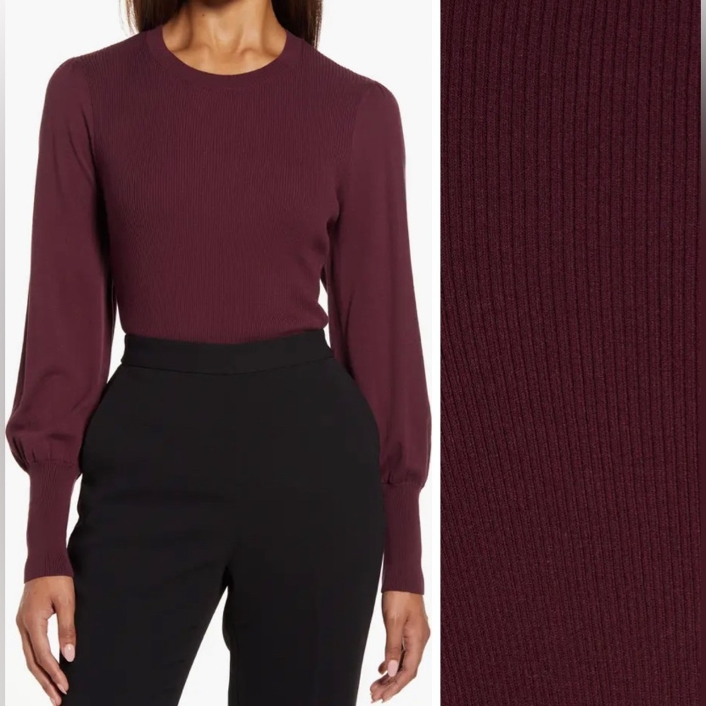Halogen Burgundy Balloon Sleeve Knit Sweater, Size L